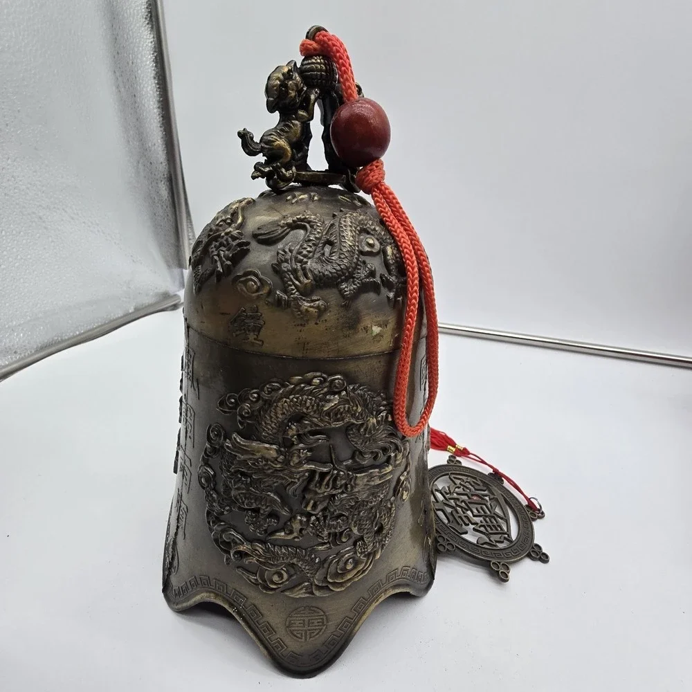 Vintage Chinese‎ Brass Bell with Dragon & Foo Dog Motif For Luck & Wealth